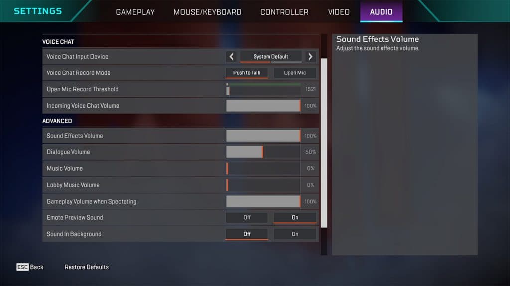 impostazioni audio in Apex Legends