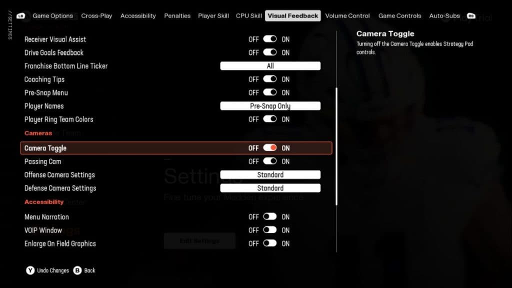 Visual Feedback settings in Madden 25