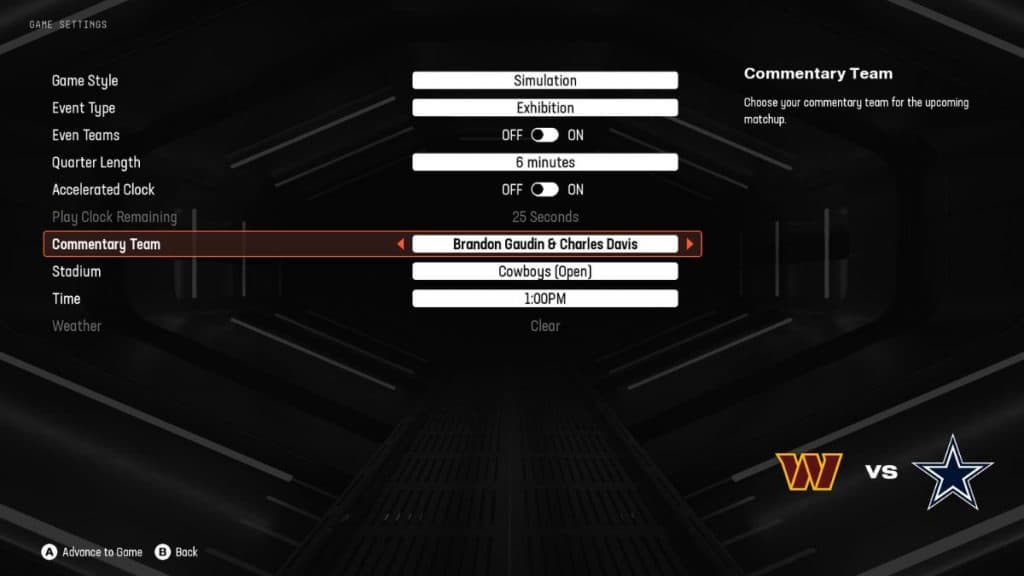 Game settings menu in Madden 25