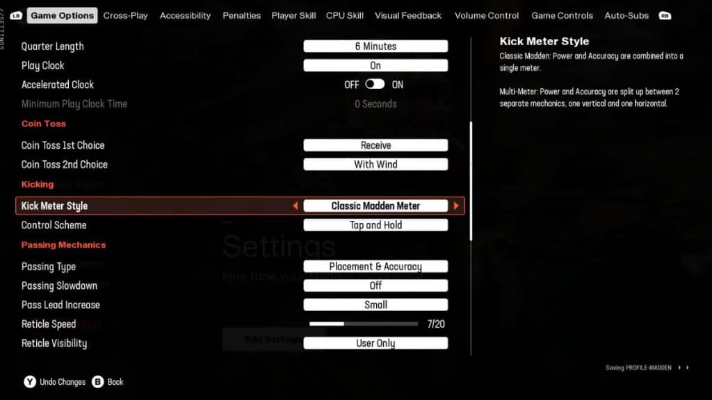 Kicking settings in Madden 25