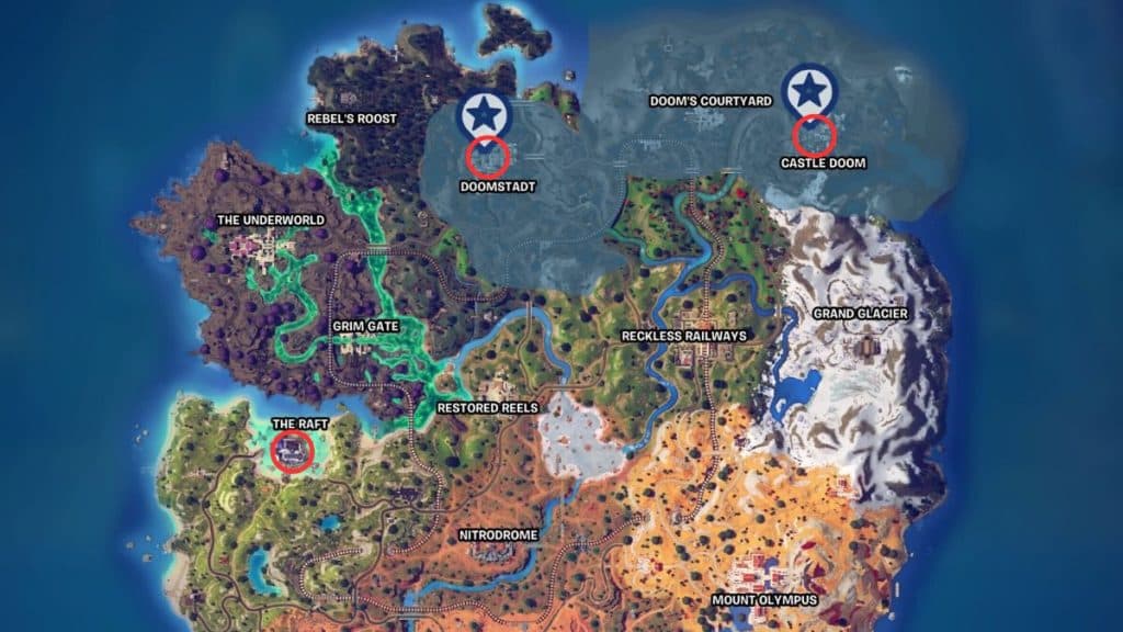 Posizioni dei medaglioni segnate sulla mappa di Fortnite