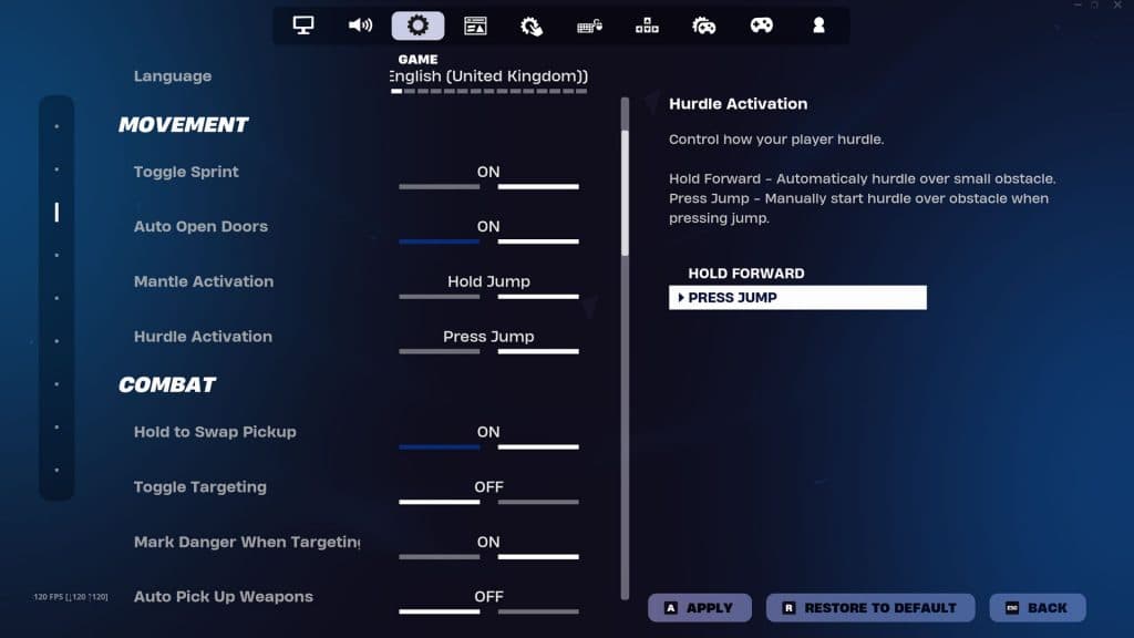 Fortnite movement settings in menu