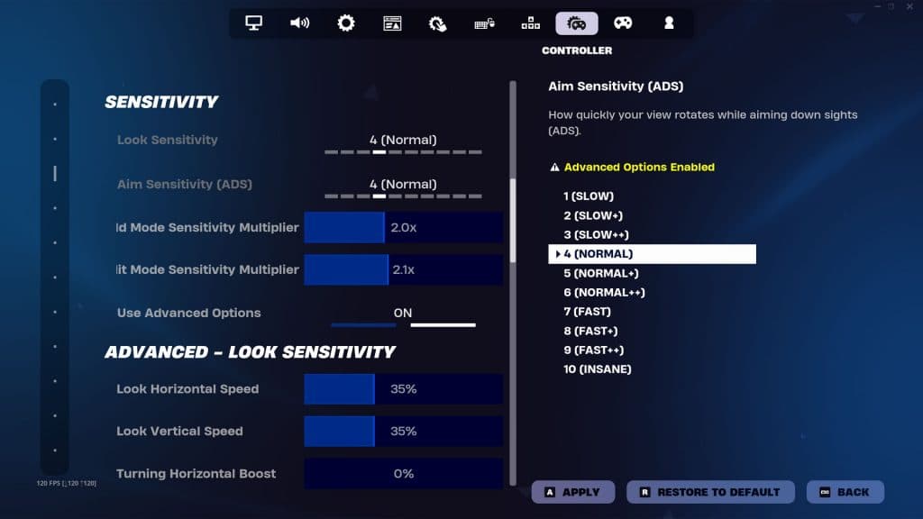 Fortnite sensitivity settings in menus