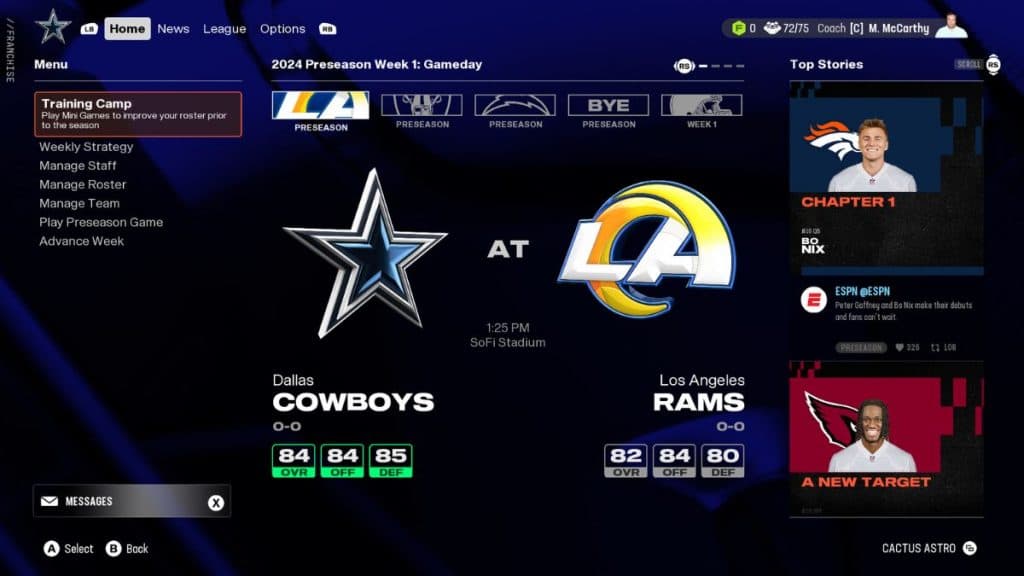 Franchise hub menu in Madden 25