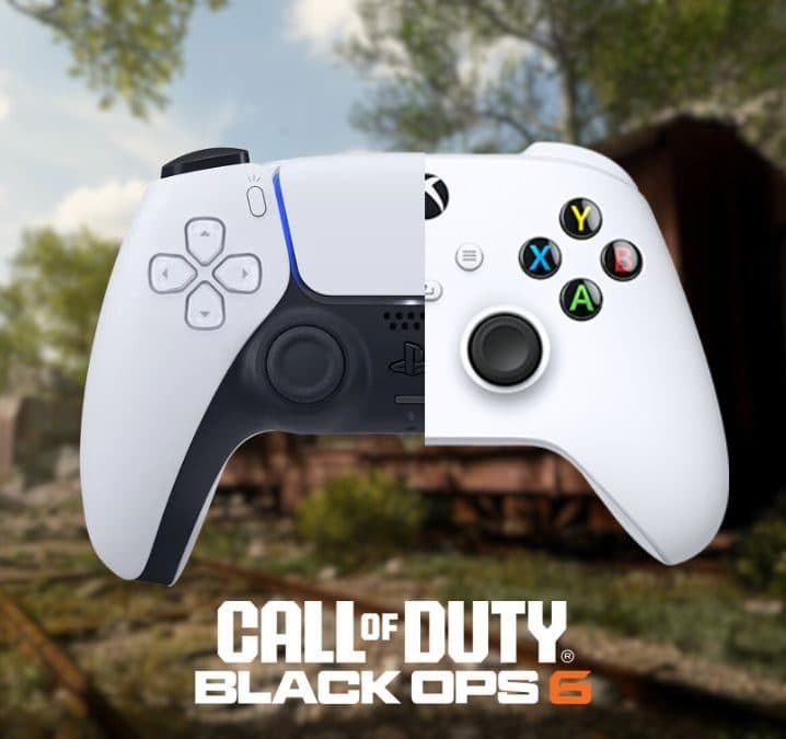 PS5 and Xbox Series X/S controllers with Black Ops 6 logo