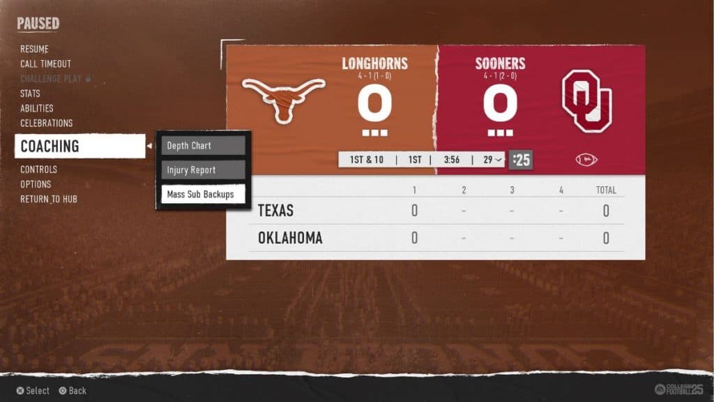 Mass Subs option in College Football 25