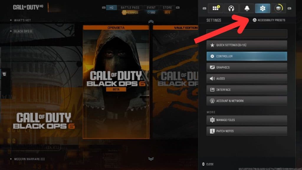 Arrow pointing to Black Ops 6 controller settings