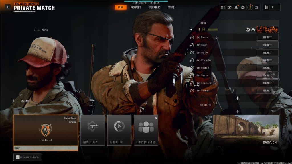 in-game screenshot featuring a private lobby screen in Call of Duty Black Ops 6