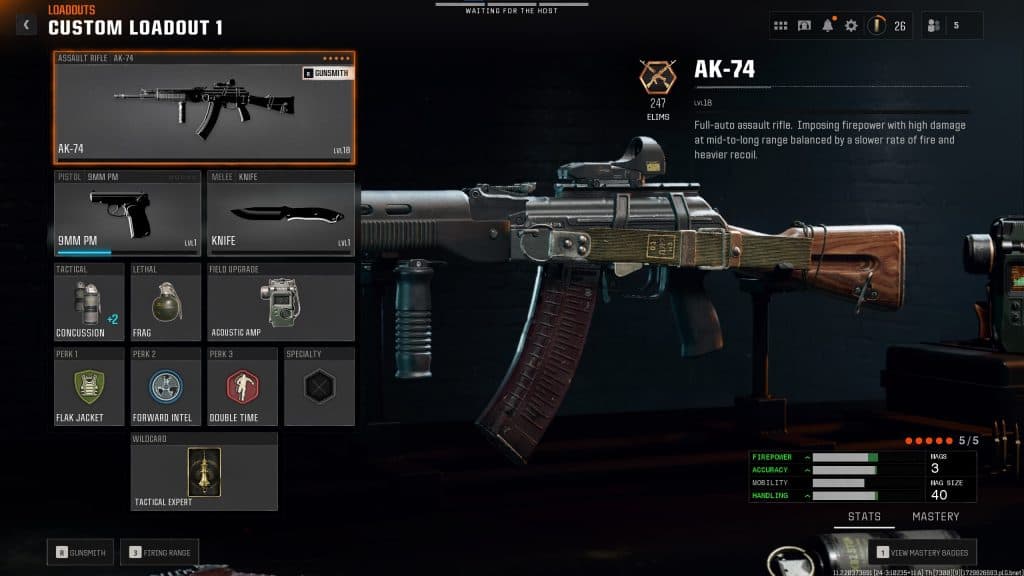 in-game screenshot featuring the perks and equipment page for the AK-74 in Black Ops 6.