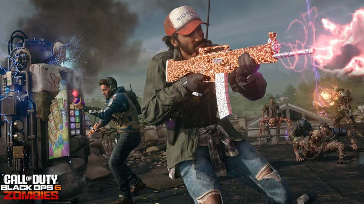 Black Ops 6 character holding an AR while surrounded by Zombies