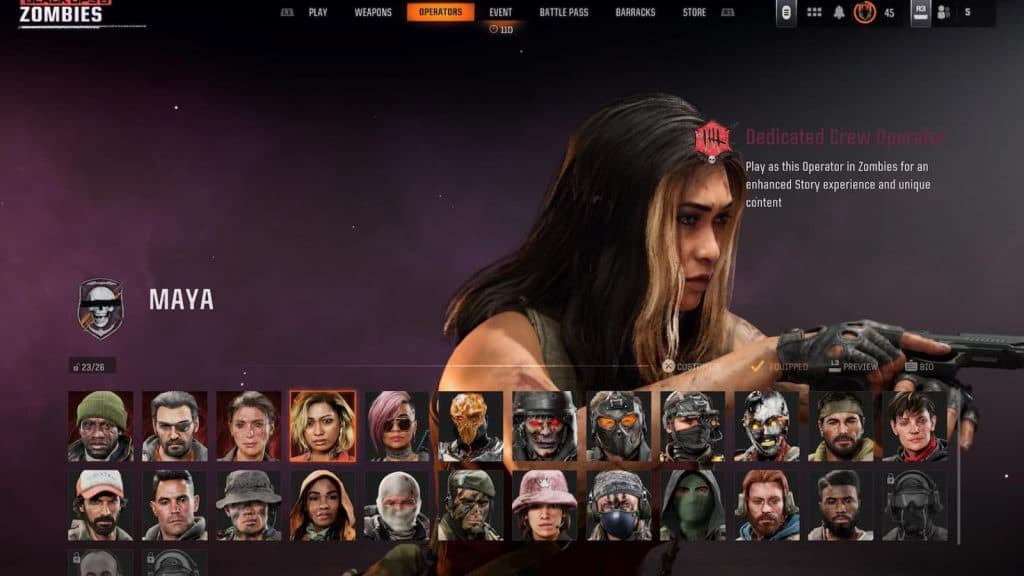 Black Ops 6 Zombies Operator skin selection menu