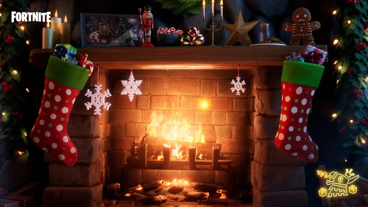 Stockings hanging near a fireplace in Fortnite